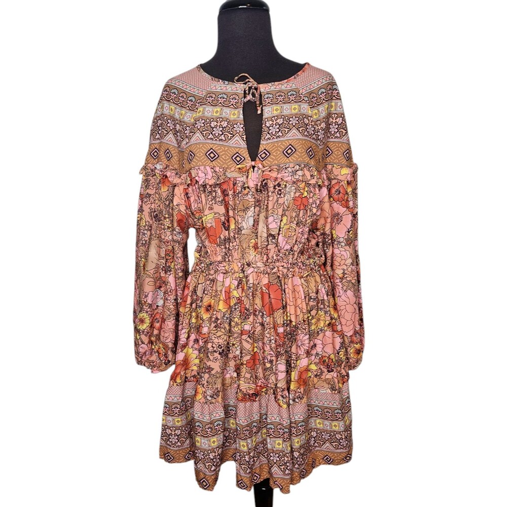 BOHEMIA Ruffled Mini Dress L Balloon Sleeves Boho Peasant Floral Horses Flounce